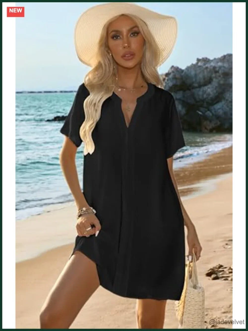 Women's V Neck Short Sleeve Swim Cover Up Dress Lightweight Polyester